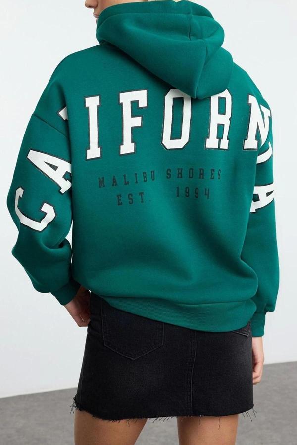 Tarz Bol Kapüşonlu Düşük Kol Uzun Slogan Baskılı Geniş Kalıp Kalın İçi Polarlı Örme Sweatshirt - Image 1