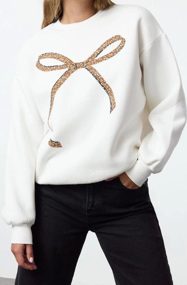 Tarz Bol Bisiklet Yaka Düşük Kol Uzun Baskılı Geniş Kalıp Kalın İçi Polarlı Örme Sweatshirt - Image 1