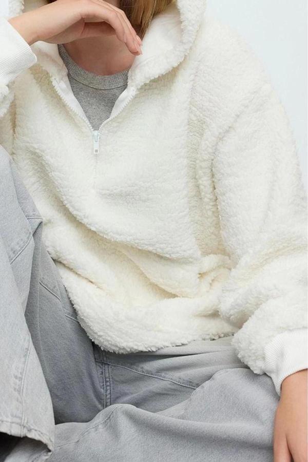 Tarz Bol Kapüşonlu Düşük Kol Uzun Fermuarlı Overize Geniş Kalıp Peluş Örme Sweatshirt - Image 1