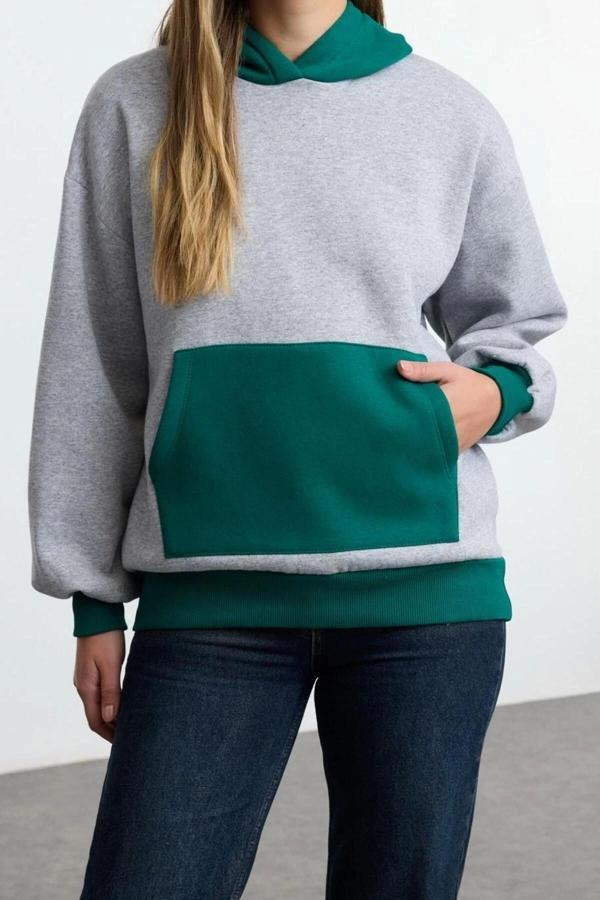 Tarz Bol Kapüşonlu Düşük Kol Uzun Geniş Yaka Kalın İçi Polarlı Örme Sweatshirt - Image 1