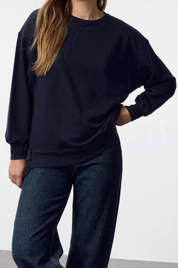 Tarz Bol Bisiklet Yaka Düşük Kol Uzun Kalın İçi Polarlı Geniş Kalıp Örme Sweatshirt - Image 1