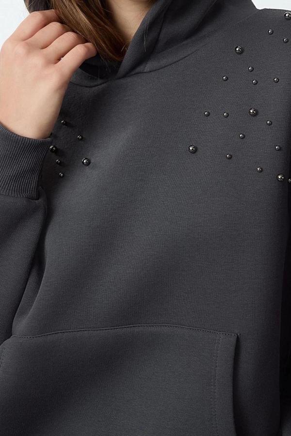 Tarz Relaxed Kapüşonlu Düşük Kol Uzun Taşlı Rahat Kalıp Kalın içi Polarlı Örme Sweatshirt - Image 1