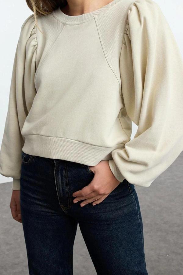 Tarz Regular Bisiklet Yaka Balon Kol Regular Kalın Normal Kalıp Balon Kol Örme Sweatshirt - Image 1