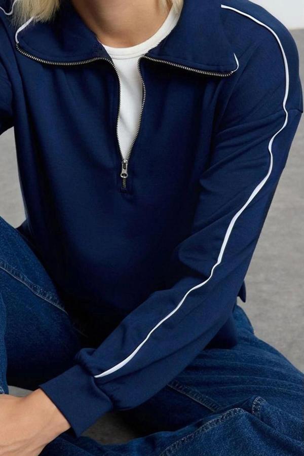 Tarz Regular Fermuarlı Yaka Düşük Kol Regular Fermuarlı Normal Kalıp Esnek Örme Sweatshirt - Image 1