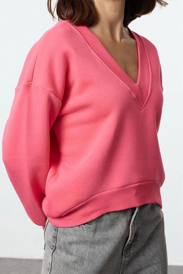 Regular V Yaka Düşük Kol Regular Basic Normal Kalıp V yaka Kalın İçi Polarlı Örme Sweatshirt - Image 1
