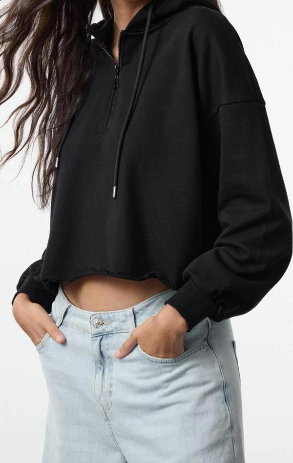Relaxed Fermuarlı Yaka Düşük Kol Kalın İçi Polarlı Fermuarlı Crop Örme Sweatshirt - Image 1