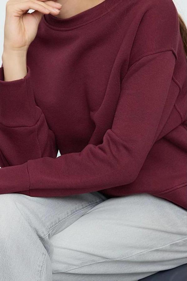 Regular Bisiklet Yaka Düşük Kol Regular Kalın İçi Polarlı Normal Kalıp Basic Örme Sweatshirt - Image 1