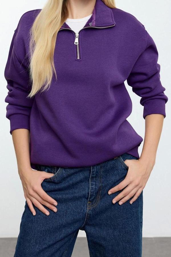 Bol Fermuarlı Yaka Düşük Kol Uzun Geniş Kalıp Fermuarlı Yaka Kalın İçi Polarlı Örme Sweatshirt - Image 1