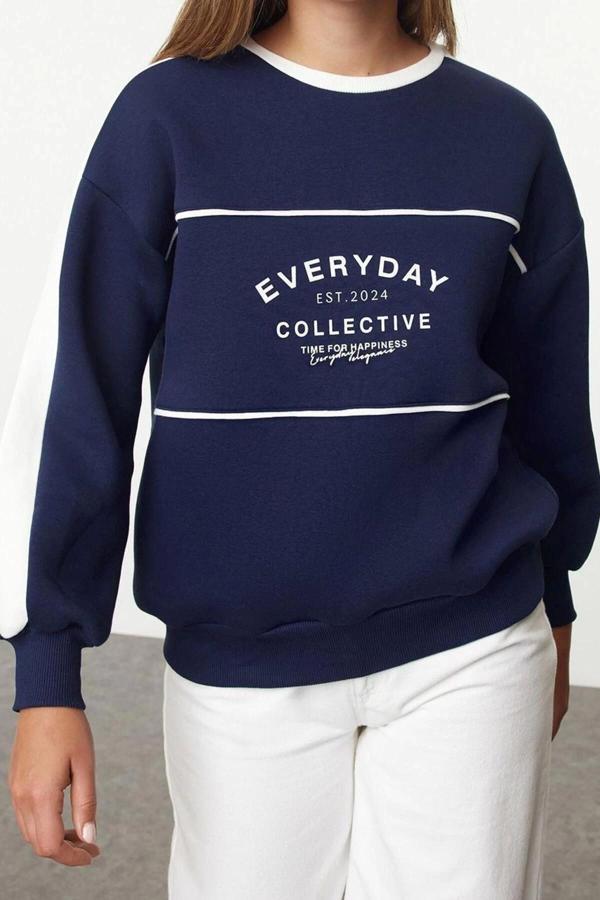 Bol Bisiklet Yaka Düşük Kol Uzun Slogan Baskılı Geniş Kalıp Kalın İçi Polarlı Örme Sweatshirt - Image 1