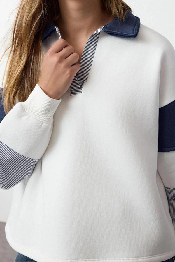 Tarz Bol Polo Yaka Düşük Kol Uzun Dokuma Garnili Geniş Kalıp Örme Sweatshirt - Image 1
