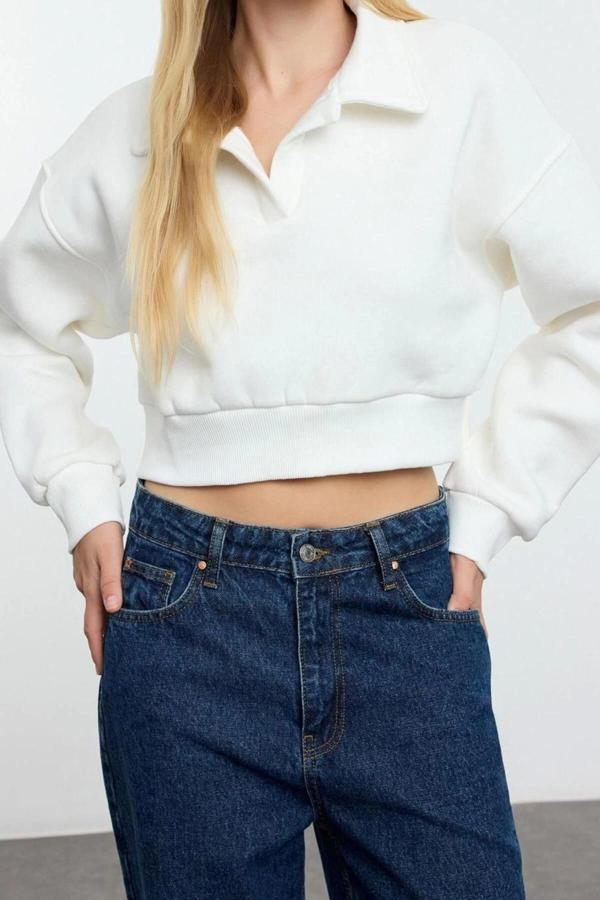 Tarz Oversize Polo Yaka Düşük Kol Uzun Rahat Kalıp Polo Yaka Kalın İçi Polarlı Örme Sweatshirt - Image 1