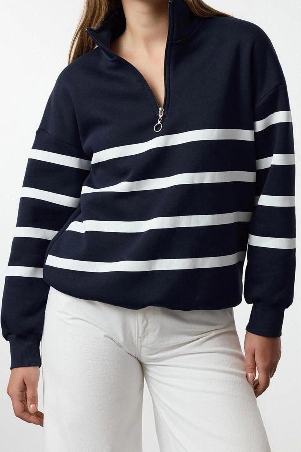 Fermuarlı Yaka Standart Kol Fermuar Detaylı Çizgili Normal Kalıp Örme Sweatshirt - Image 1
