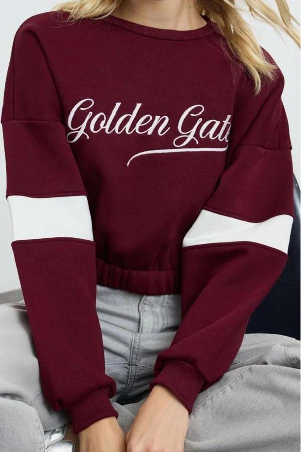 Relaxed Bisiklet Yaka Düşük Kol Crop Kalın Polarlı Rahat Kesim Slogan Nakışlı Örme Sweatshirt - Image 1