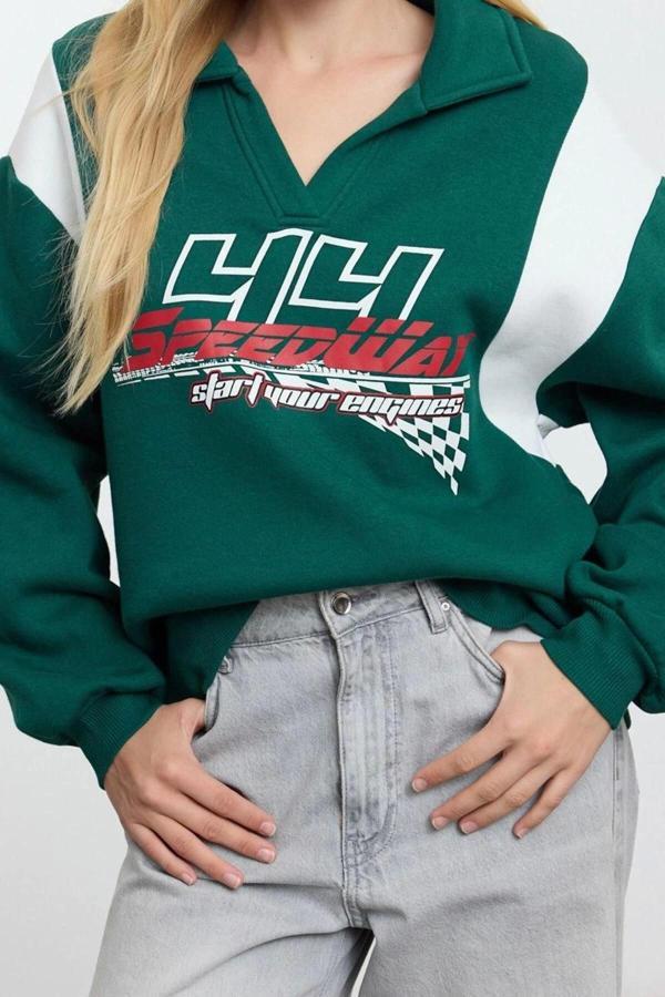 Tarz Bol Polo Yaka Düşük Kol Uzun Kalın İçi Polarlı Geniş Kalıp Polo Yaka Örme Sweatshirt - Image 1