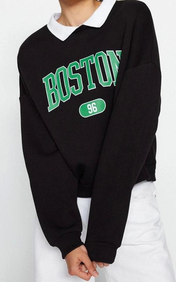 Tarz Regular Polo Yaka Düşük Kol Regular Baskılı Boyfriend Şardonlu Örme Sweatshirt - Image 1