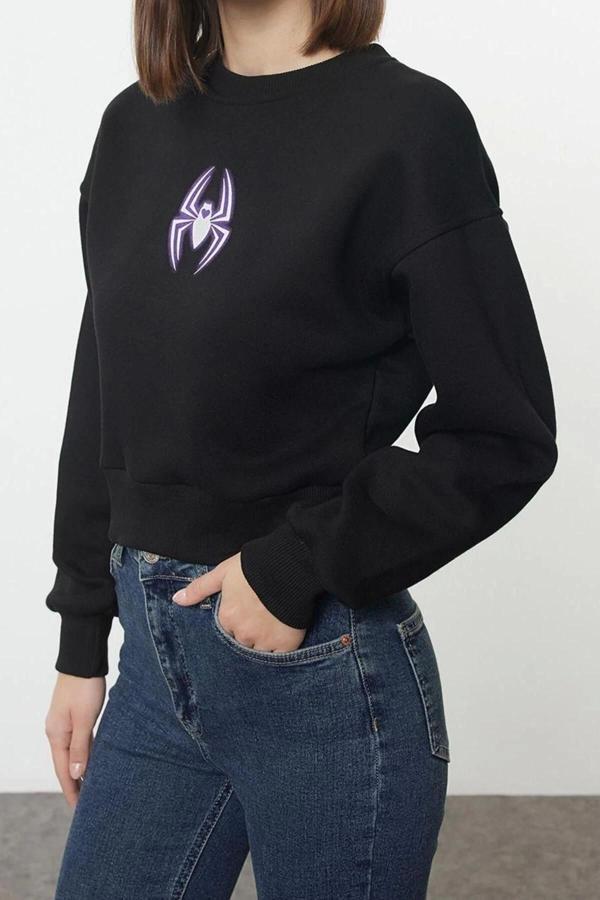 Crop Bisiklet Yaka Düşük Kol Crop Örümcek Baskılı Normal Kalıp Kalın Polarlı Örme Sweatshirt - Image 1