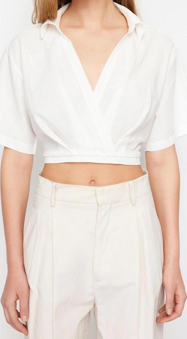 Moda V Yaka Dokuma Regular Düz Desen Casual Günlük Crop Kısa Kol Bluz - Image 1