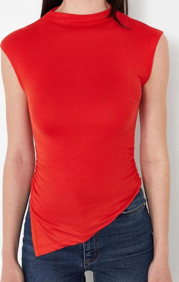 Moda Dik Yaka Örme Slim Düz Desen Casual Günlük Regular Kısa Kol Bluz - Image 1