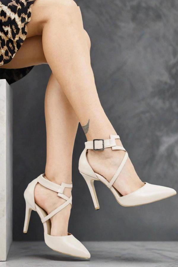 Kadın Sivri Burun Çapraz Bant Topuklu Ayakkabı Tokalı İnce Topuk Stiletto Edrie - Image 1