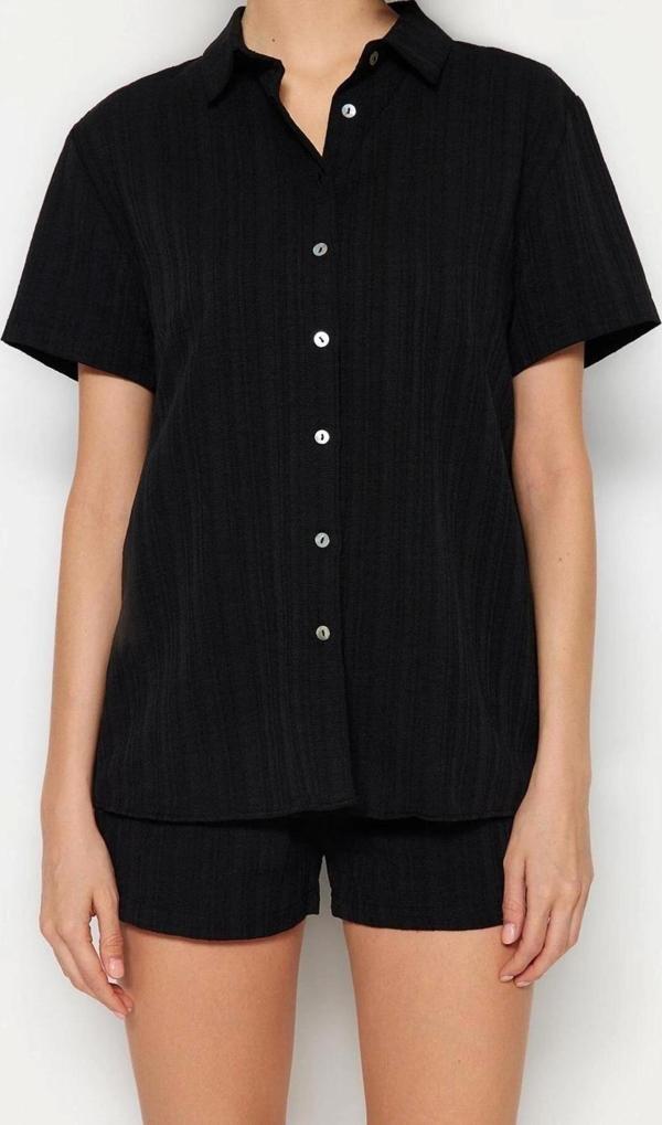 Moda Örme Düz Gömlek Yaka Plaj Ekru Dokuma Keten Karışımlı Gömlek Şort Takım - Image 1