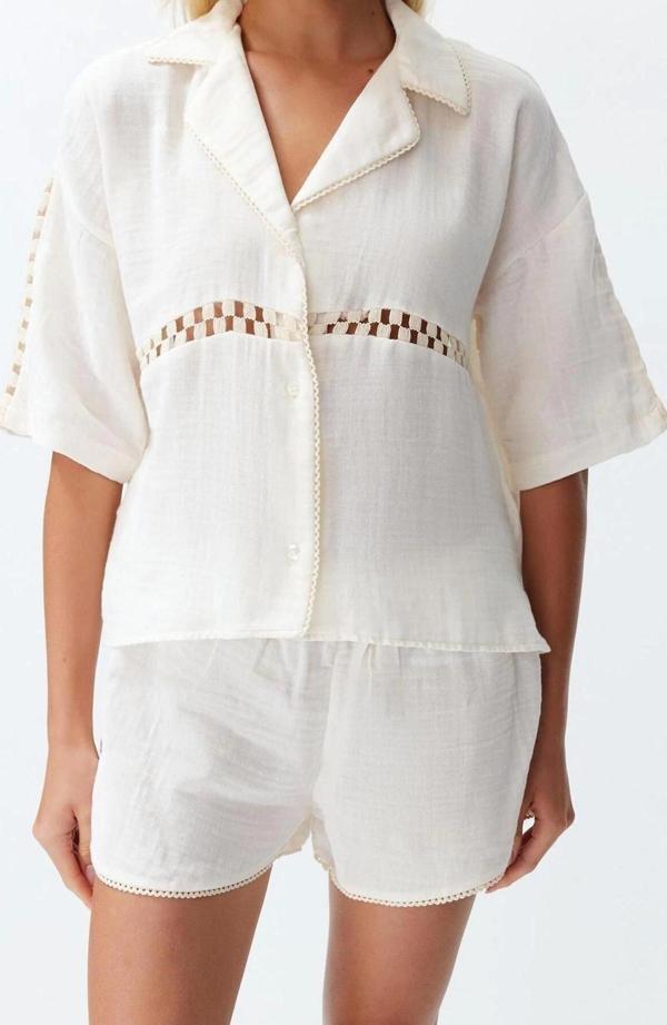 Moda Dokuma Düz Gömlek Yaka Plaj Ekru Dokuma Müslin %100 Pamuklu Gömlek Şort Takım - Image 1