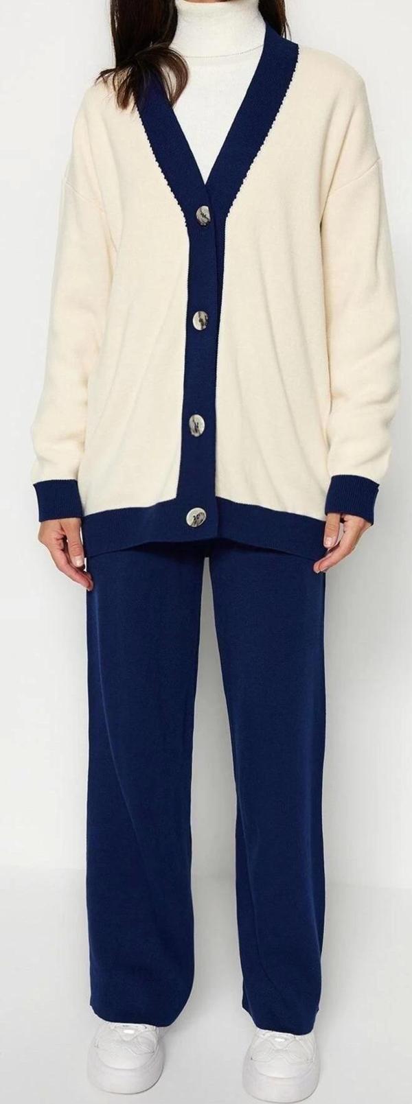 Moda Yüksek Bel Renk Bloklu V Yaka Düşük Kol Casual Günlük Şerit Detaylı Hırka-Pantolon Triko Takım - Image 1