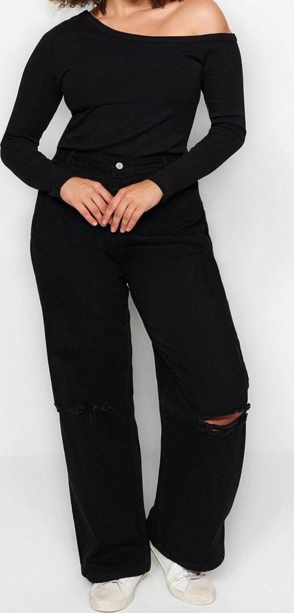 Moda Büyük Beden Devrik Yaka Örme Fit Düz Desen Casual Günlük Regular Uzun Kol Bluz - Image 1