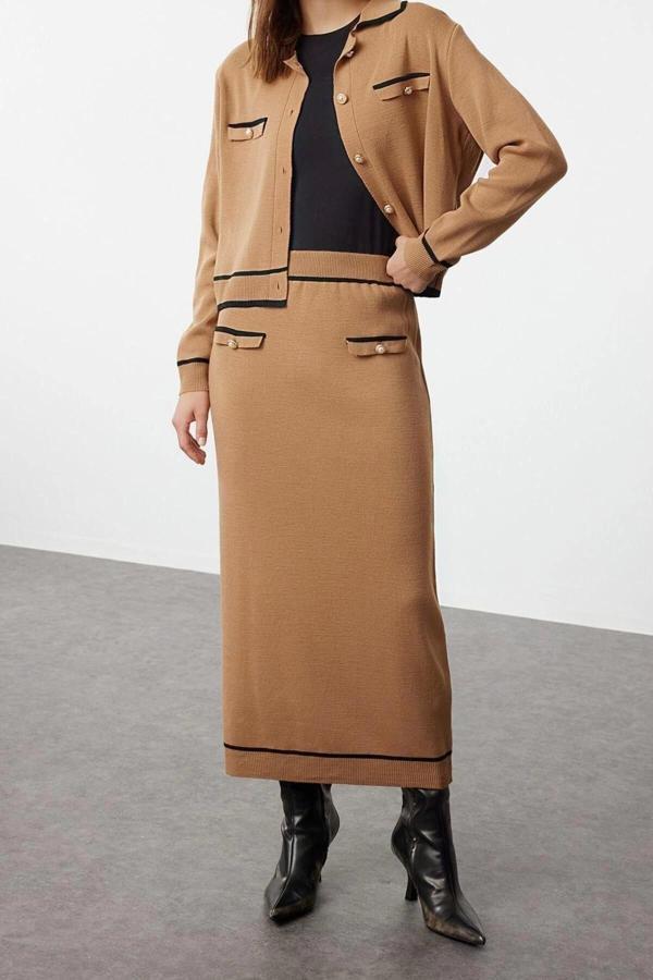 Moda Triko Düz Polo Yaka Casual Günlük Biyeli Triko Hırka Etek Alt-Üst Takım - Image 1