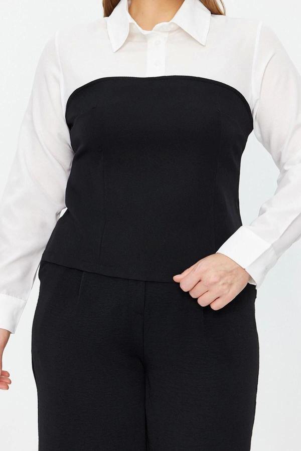 Moda Büyük Beden Gömlek Yaka Dokuma Fit Düz Desen Resmi Regular Uzun Kol Bluz - Image 1