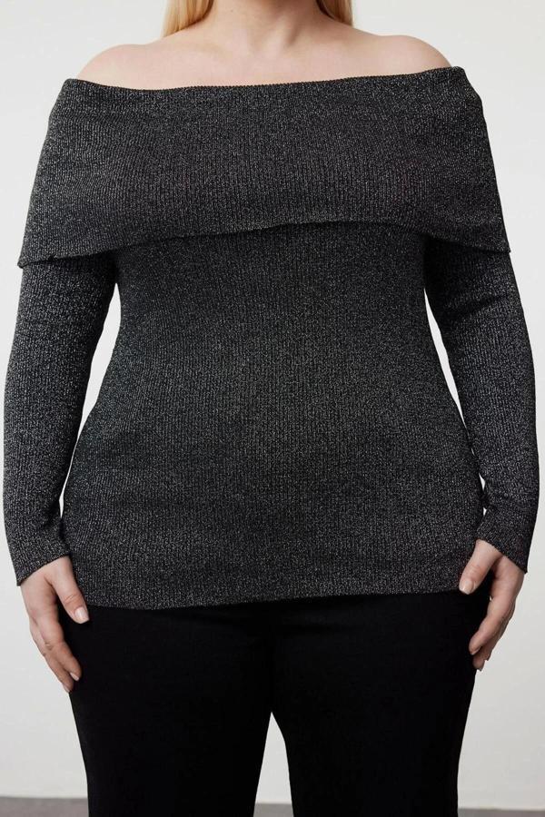 Moda Büyük Beden Carmen Yaka Triko Fit Düz Desen Casual Günlük Regular Uzun Kol Bluz - Image 1