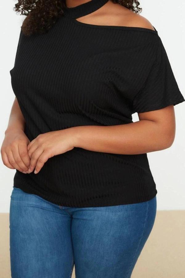 Moda Büyük Beden Bisiklet Yaka Örme Regular Düz Desen Casual Günlük Regular Kısa Kol Bluz - Image 1