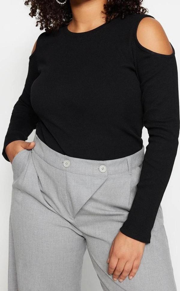 Moda Büyük Beden Bisiklet Yaka Örme Fit Düz Desen Casual Günlük Crop Uzun Kol Bluz - Image 1