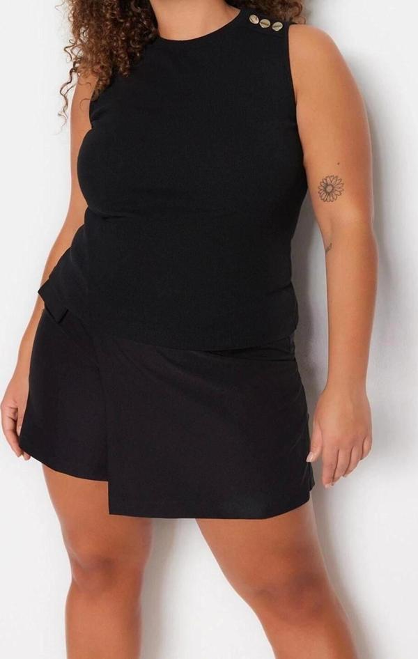 Moda Büyük Beden Bisiklet Yaka Örme Fit Düz Desen Casual Günlük Regular Kolsuz Bluz - Image 1
