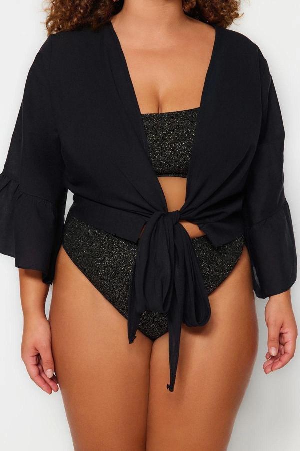 Moda Büyük Beden V Yaka Dokuma Fit Düz Desen Plaj Crop Uzun Kol Bluz - Image 1