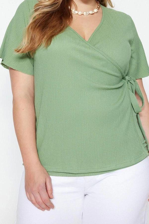 Moda Büyük Beden Kruvaze Örme Fit Düz Desen Casual Günlük Regular Kısa Kol Bluz - Image 1