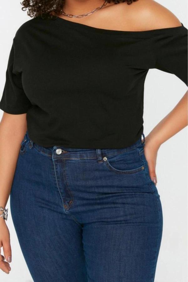 Moda Büyük Beden Devrik Yaka Örme Regular Düz Desen Casual Günlük Crop Kısa Kol Bluz - Image 1