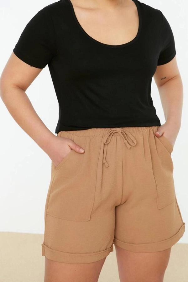 Moda Büyük Beden Havuz Yaka Dokuma Fit Düz Desen Casual Günlük Regular Kısa Kol Bluz - Image 1