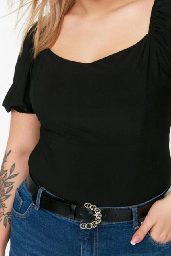 Moda Büyük Beden Kare Yaka Örme Slim Düz Desen Casual Günlük Crop Kısa Kol Bluz - Image 1