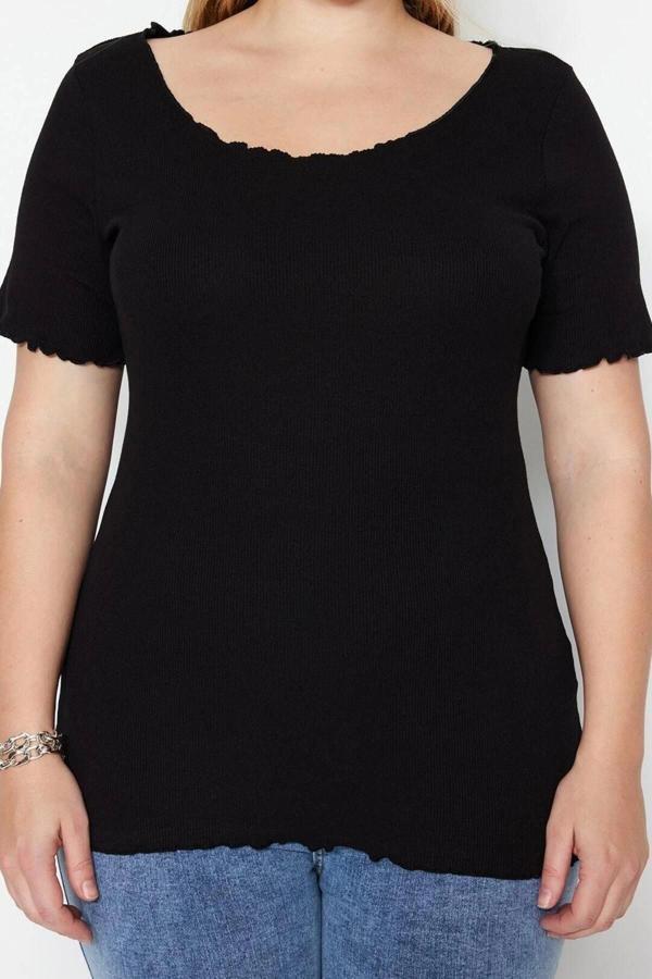 Moda Büyük Beden Kare Yaka Örme Fit Düz Desen Casual Günlük Regular Kısa Kol Bluz - Image 1