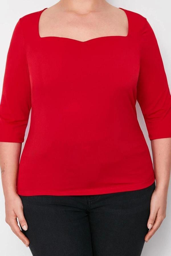 Moda Büyük Beden Kalp Yaka Örme Fit Düz Desen Casual Günlük Regular Uzun Kol Bluz - Image 1