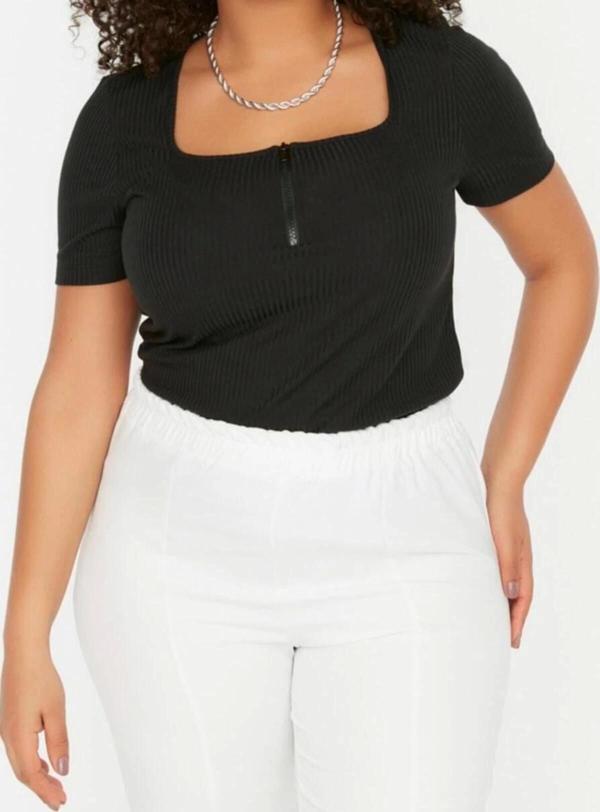 Moda Büyük Beden Kare Yaka Örme Fit Düz Desen Casual Günlük Crop Kısa Kol Bluz - Image 1