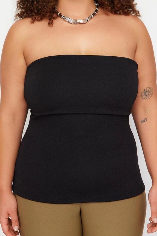 Moda Büyük Beden Kayık Yaka Örme Fit Düz Desen Casual Günlük Regular Kolsuz Bluz - Image 1