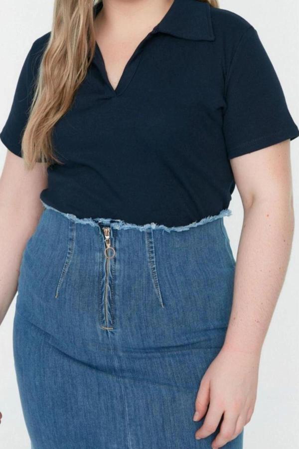 Moda Büyük Beden Polo Yaka Örme Regular Düz Desen Casual Günlük Crop Kısa Kol Bluz - Image 1