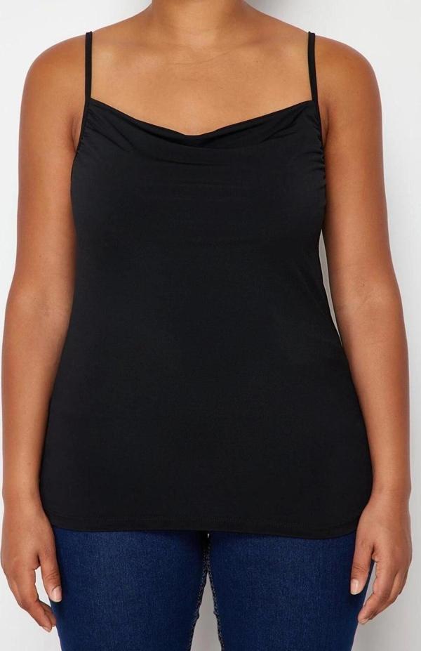 Moda Büyük Beden Degaje Yaka Örme Fit Düz Desen Casual Günlük Regular Askılı Kol Bluz - Image 1
