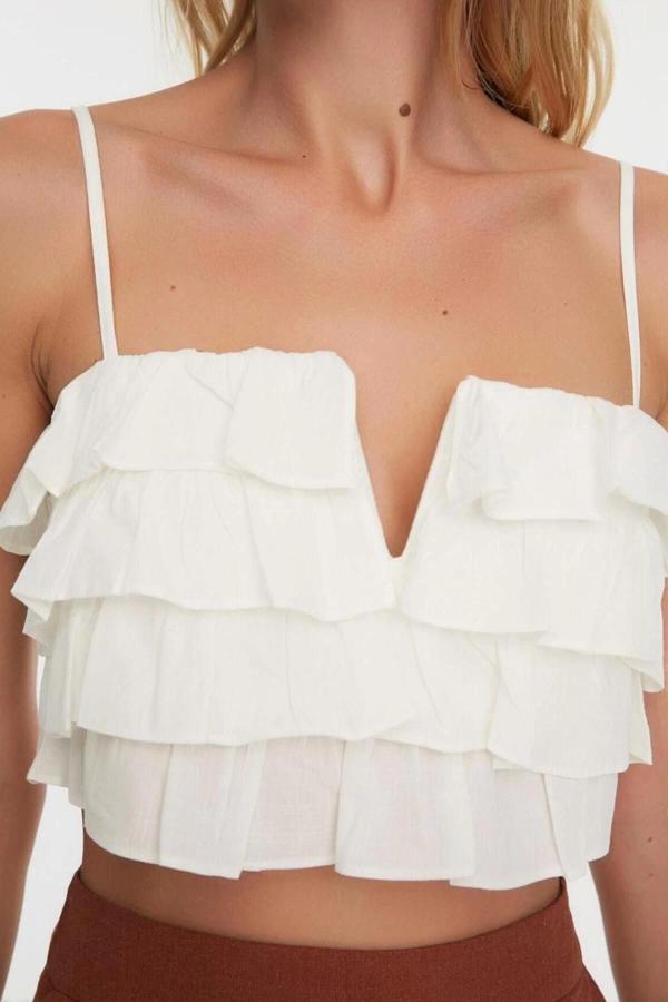 Moda V Yaka Dokuma Regular Düz Desen Plaj Crop Askılı Kol Bluz - Image 1