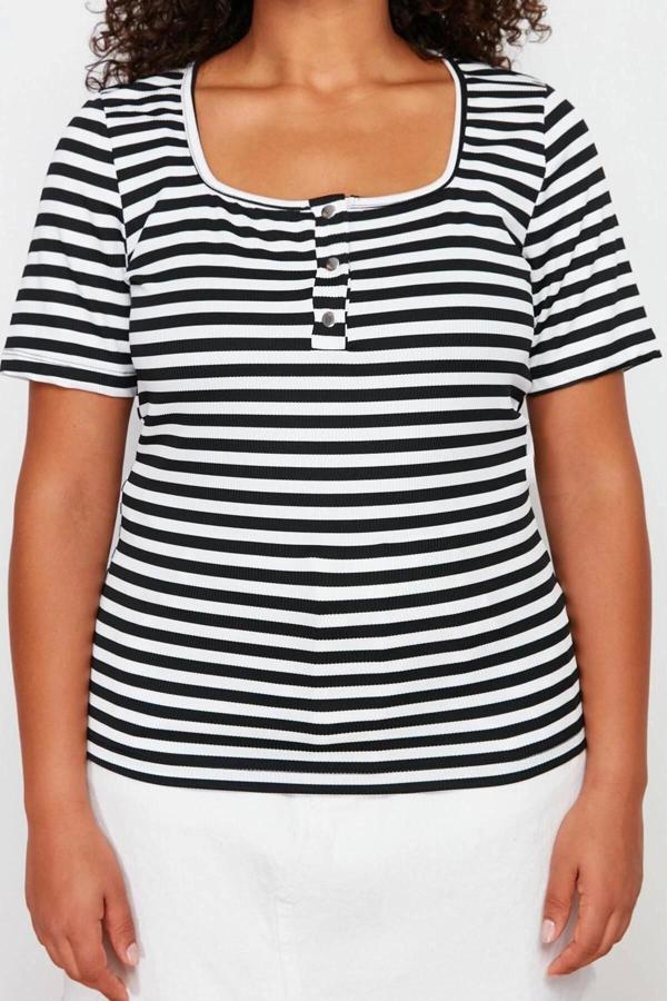 Moda Büyük Beden Kare Yaka Örme Fit Çizgili Desen Casual Günlük Regular Kısa Kol Bluz - Image 1