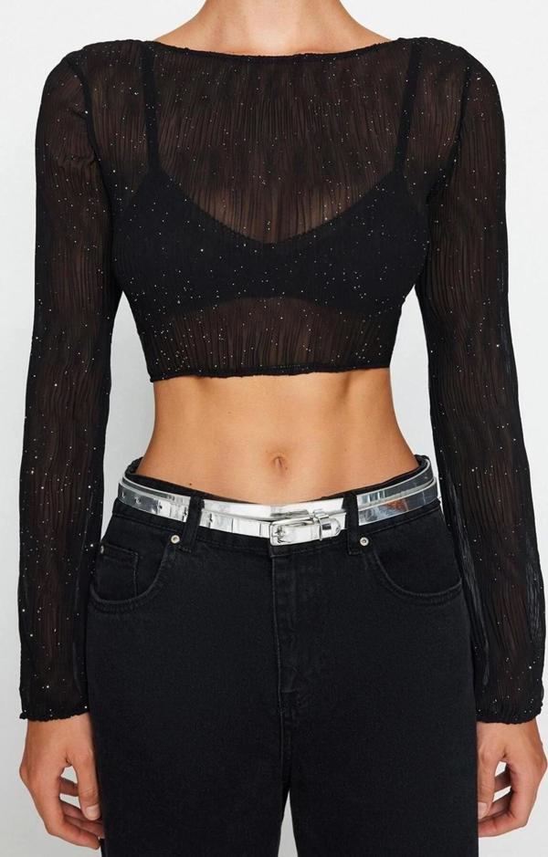 Moda Bisiklet Yaka Dokuma Fit Düz Desen Şık gece Regular Uzun Kol Bluz - Image 1