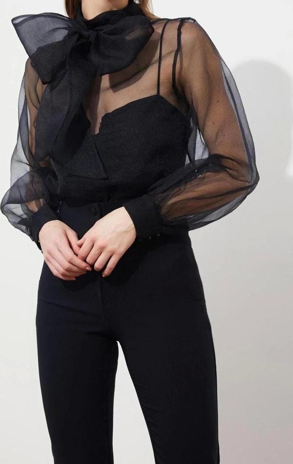 Moda Dik Yaka Dokuma Slim Fit Düz Desen Şık gece Regular Uzun Kol Bluz - Image 1