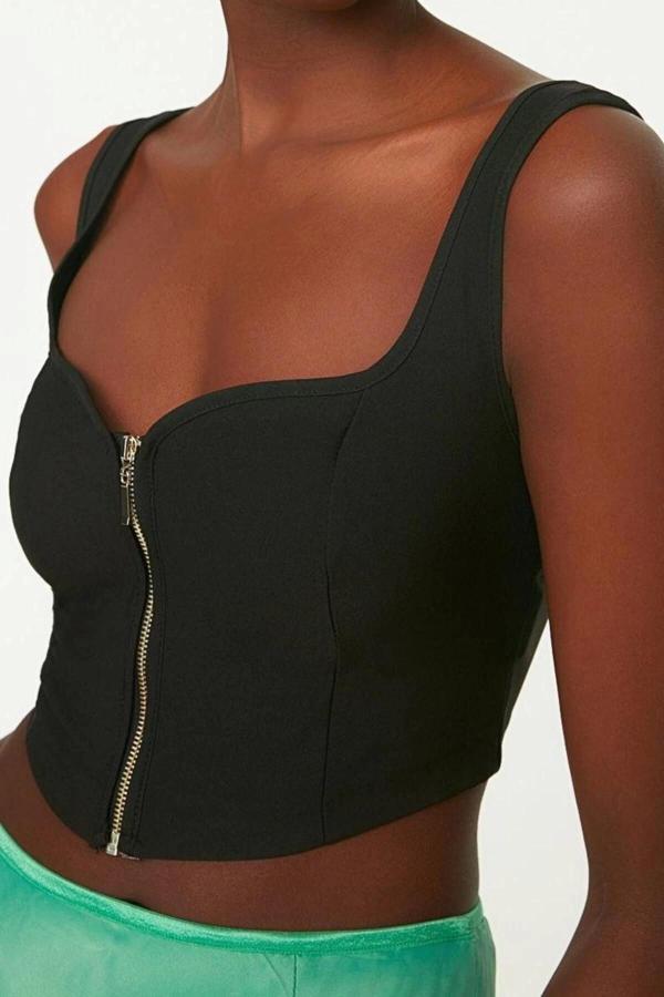 Moda Kalp Yaka Dokuma Regular Düz Desen Şık gece Crop Askılı Kol Bluz - Image 1