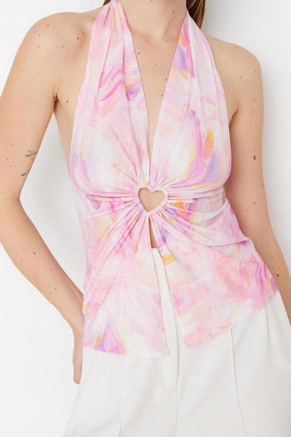 Moda V Yaka Örme Regular Soyut Desen Şık gece Crop Kolsuz Bluz - Image 1